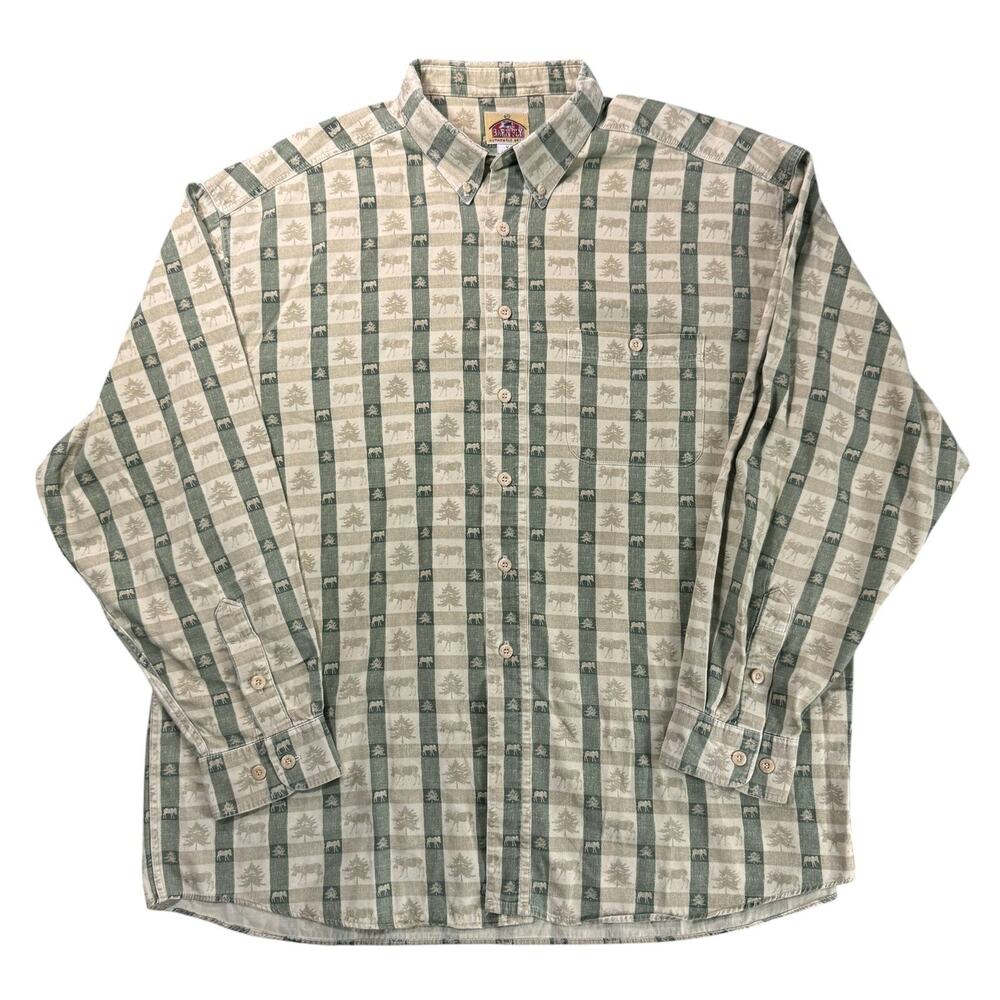 Vintage BARN Fly Shirt Men's XL Green Moose Pine Tress Button Made USA Cabincore